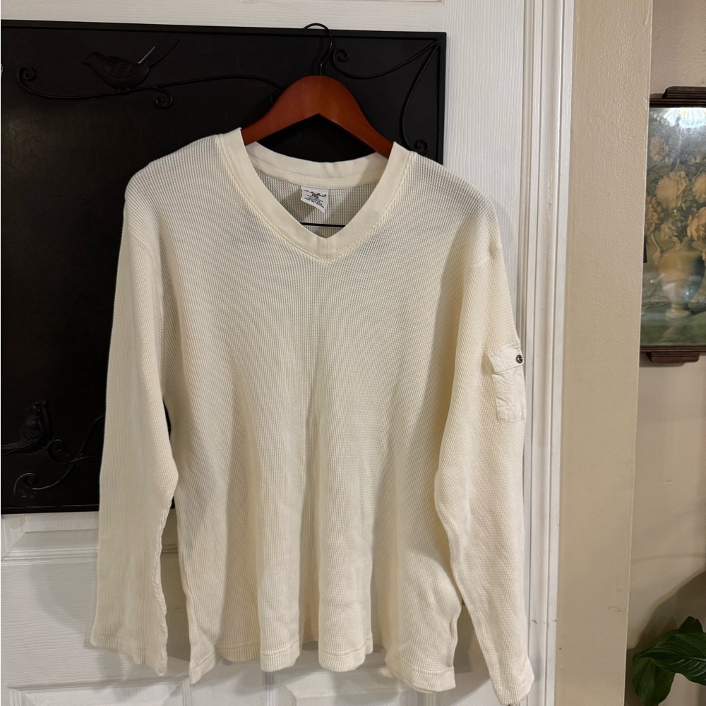 Vintage Cabela's Men's V-Neck Waffle-Knit Long-Sleeve Shirt with Pocket in Cream
